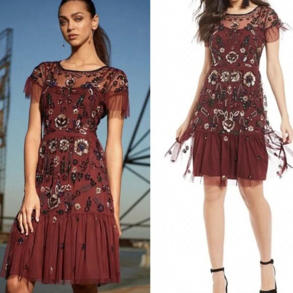 Gianni Bini Dresses & Skirts - Gianni Bini Women's Wendy Burgundy Sequin Mesh Embroidered Floral Dress, Size 0